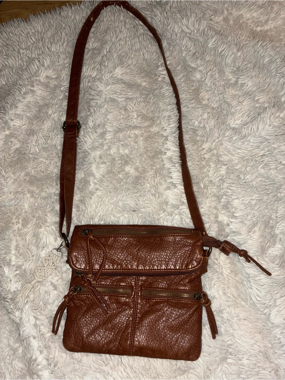 Brown Faux Leather Crossbody Purse Women's Shoulder Bag with Macrame Keychain